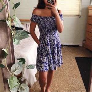 express floral off the shoulder smocked dress